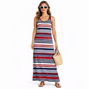 Eddie Bauer Midtown Patriotic Stripe Sleeveless Maxi Dress Womens Small Petite
